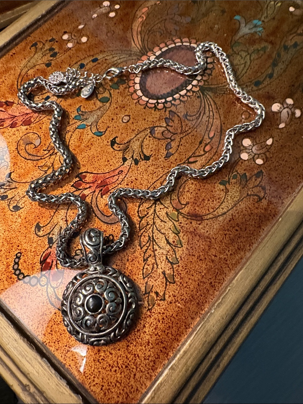 Sterling-Style Ornate Silver Pendant Necklace with Black Stone